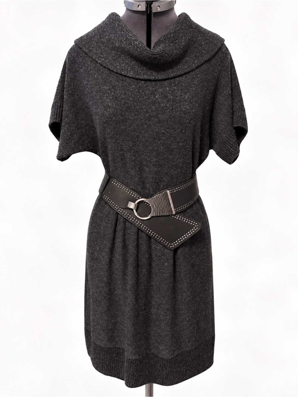LOFT Charcoal Gray Merino Wool Cowl Neck Sweater Dress Fit Flare Autumn Fall - Picture 4 of 6